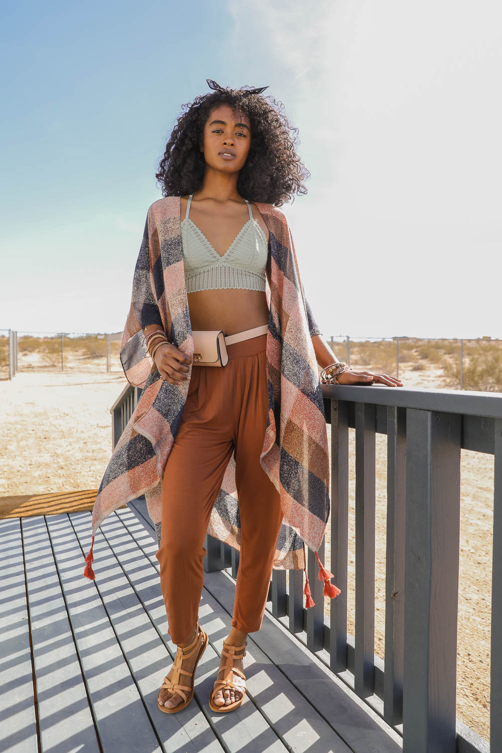 Multi-Color Buffalo Checkered Kimono Kimono Leto Collection Rust  