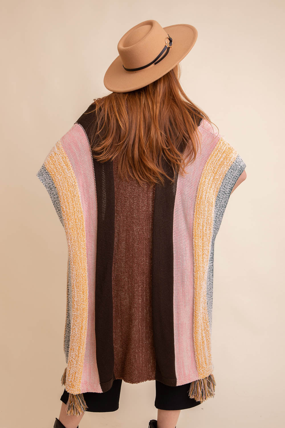 Multi-Color Striped Tassel Poncho Ponchos Leto Collection   