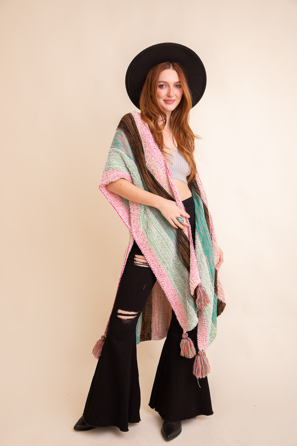 Multi-color Striped Tassel Poncho - NeoKira Unlimited