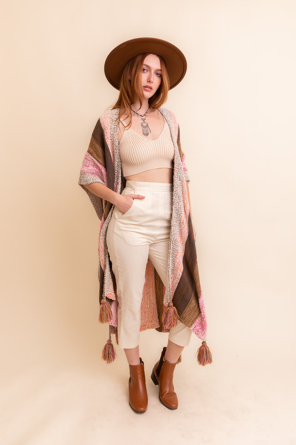 Multi-Color Striped Tassel Poncho Ponchos Leto Collection   