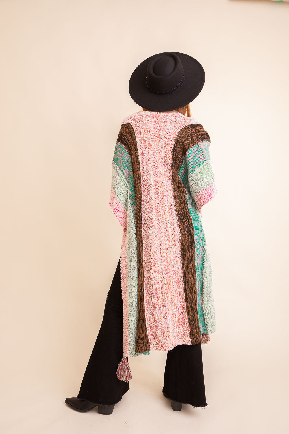 Multi-Color Striped Tassel Poncho Ponchos Leto Collection   