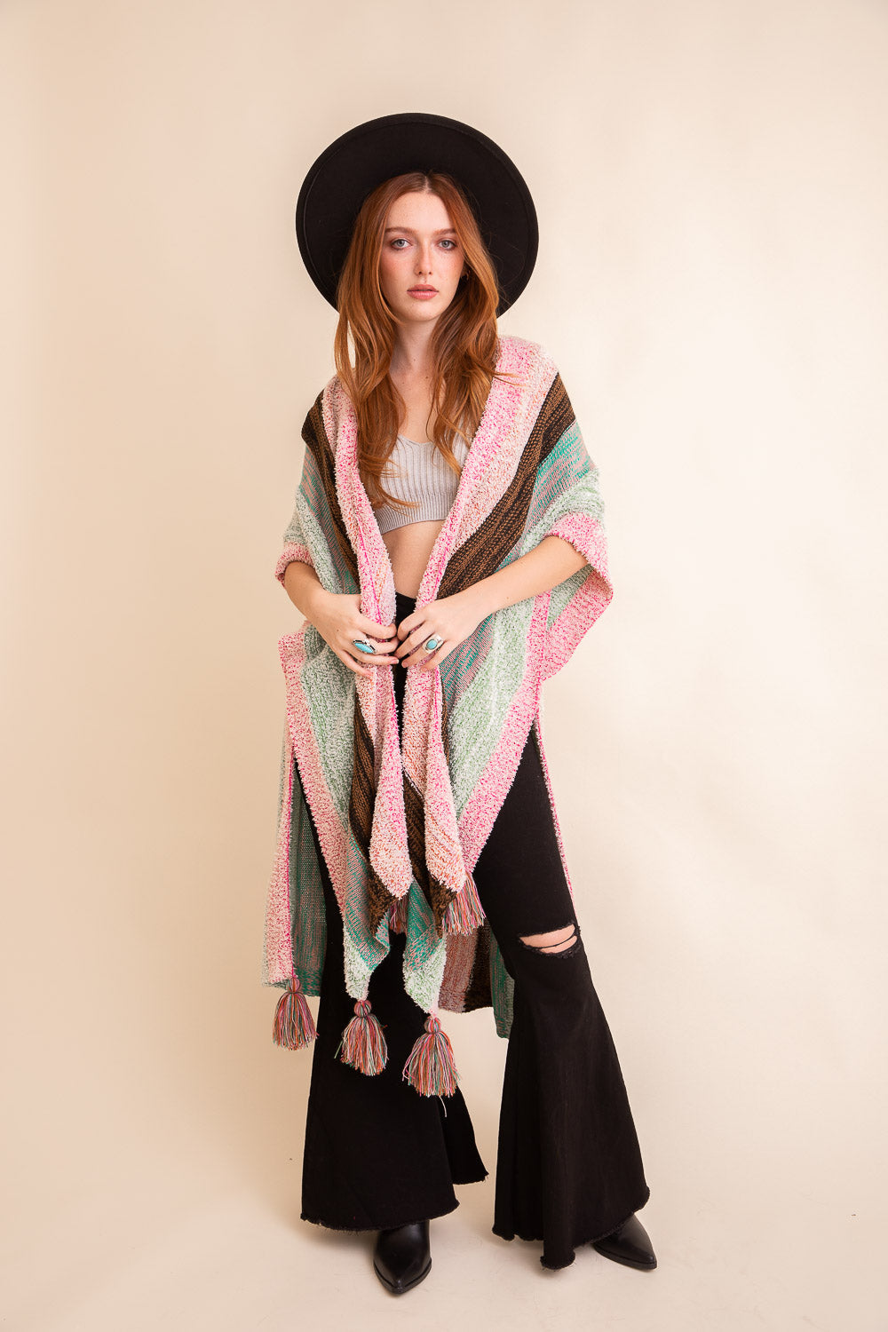 Multi-Color Striped Tassel Poncho Ponchos Leto Collection One Size Mint 