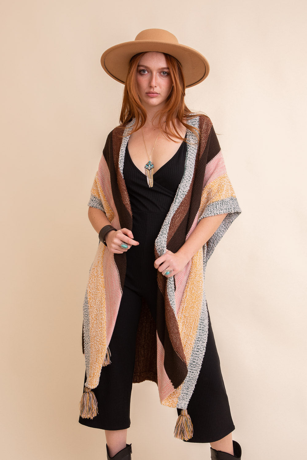 Multi-Color Striped Tassel Poncho Ponchos Leto Collection One Size Yellow 