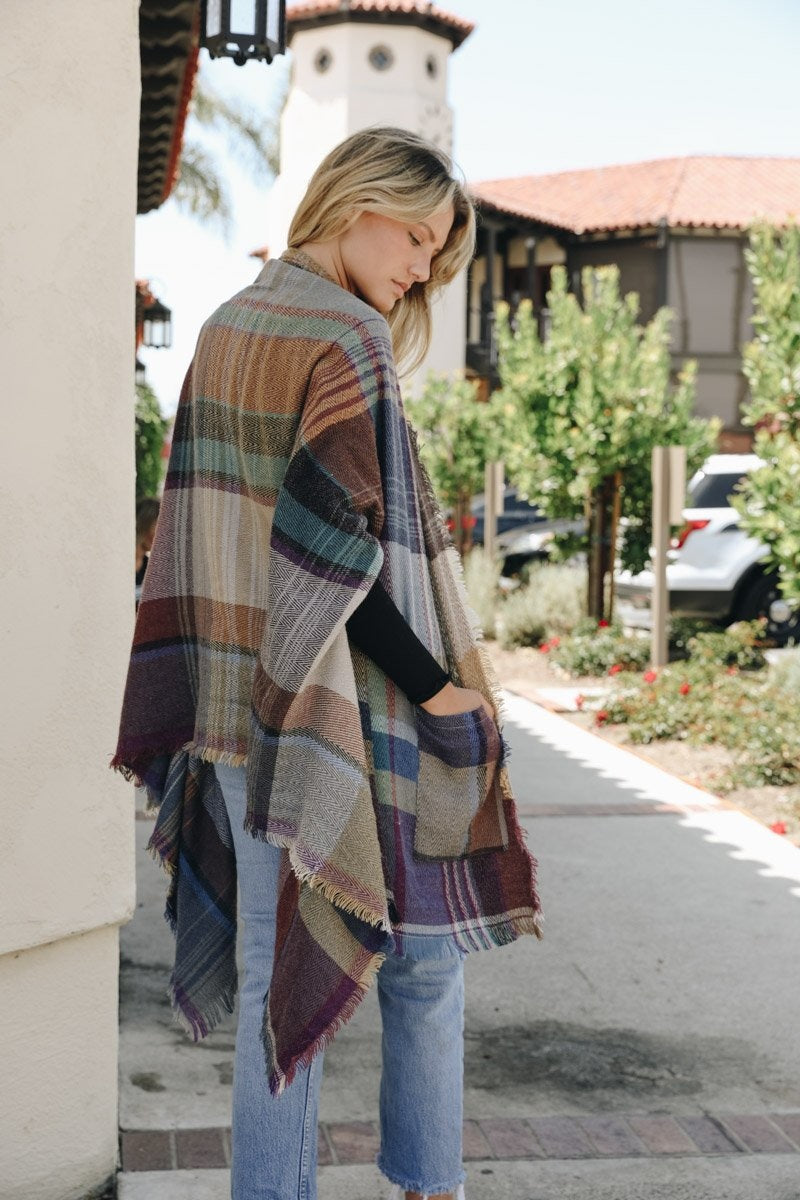 Multicolor Plaid Pocket Ruana Ponchos Leto Collection   