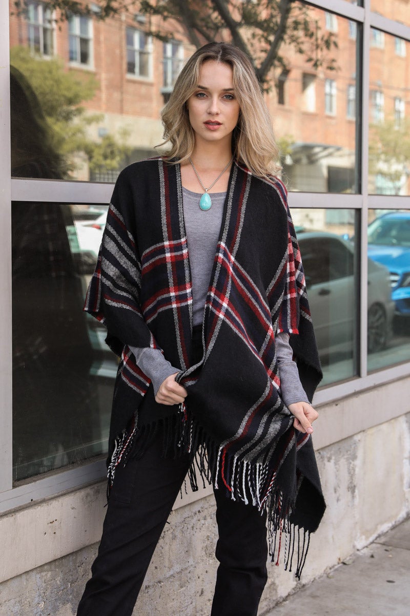 Open Sleeve Classic Plaid Ruana Ponchos Black