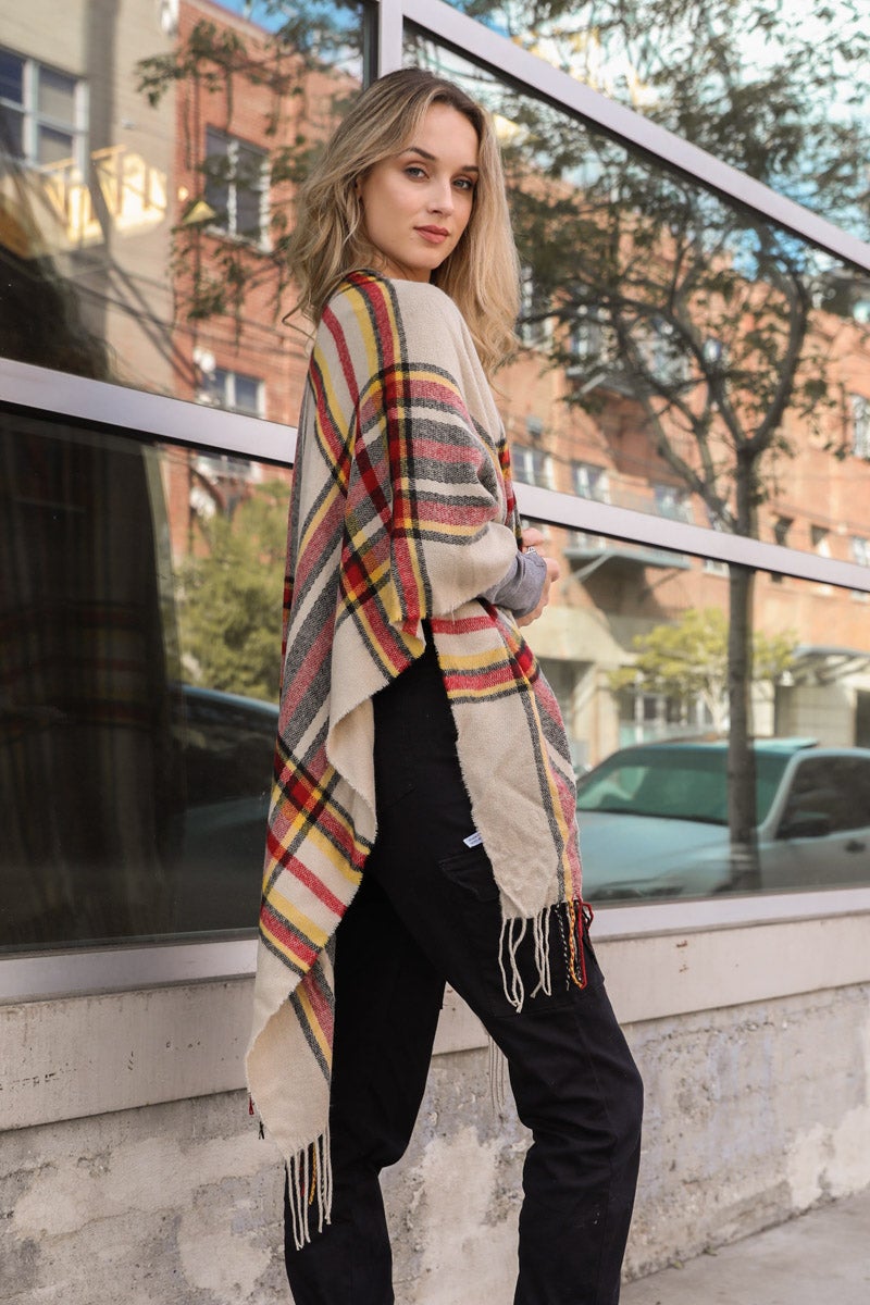 Open Sleeve Classic Plaid Ruana Ponchos Leto Collection   