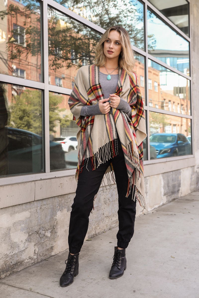 Open Sleeve Classic Plaid Ruana Ponchos Ivory