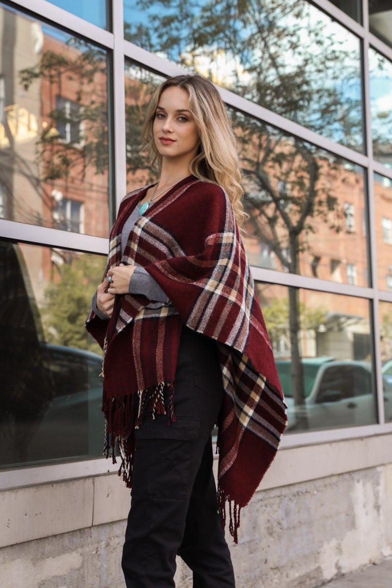 Open Sleeve Classic Plaid Ruana Ponchos Leto Collection Red  