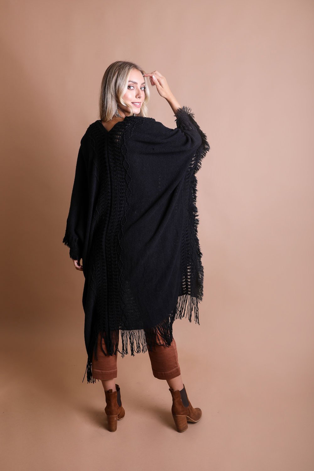 Open Work Frayed Bohemian Ruana Ponchos