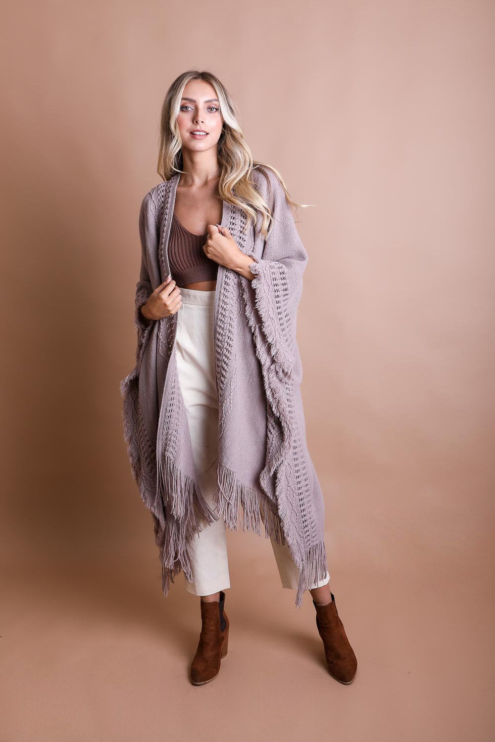 Open Work Frayed Bohemian Ruana Ponchos Gray