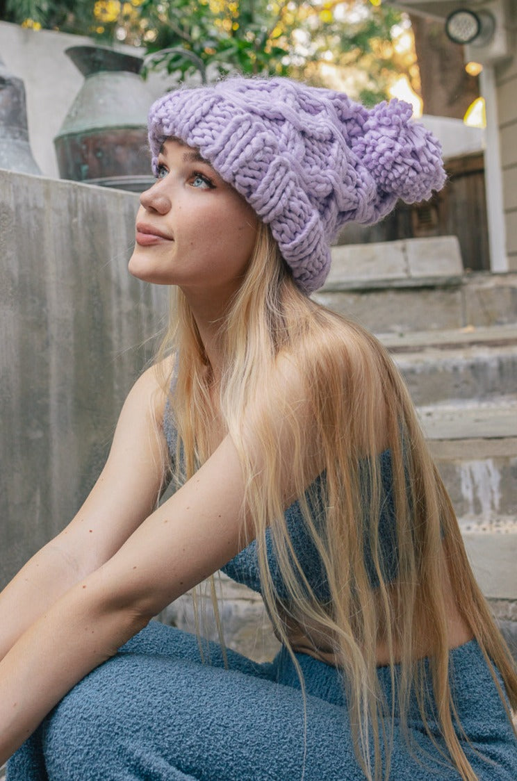 Oversized Chunky Knit Pom Beanie Beanies Leto Collection Lavender  