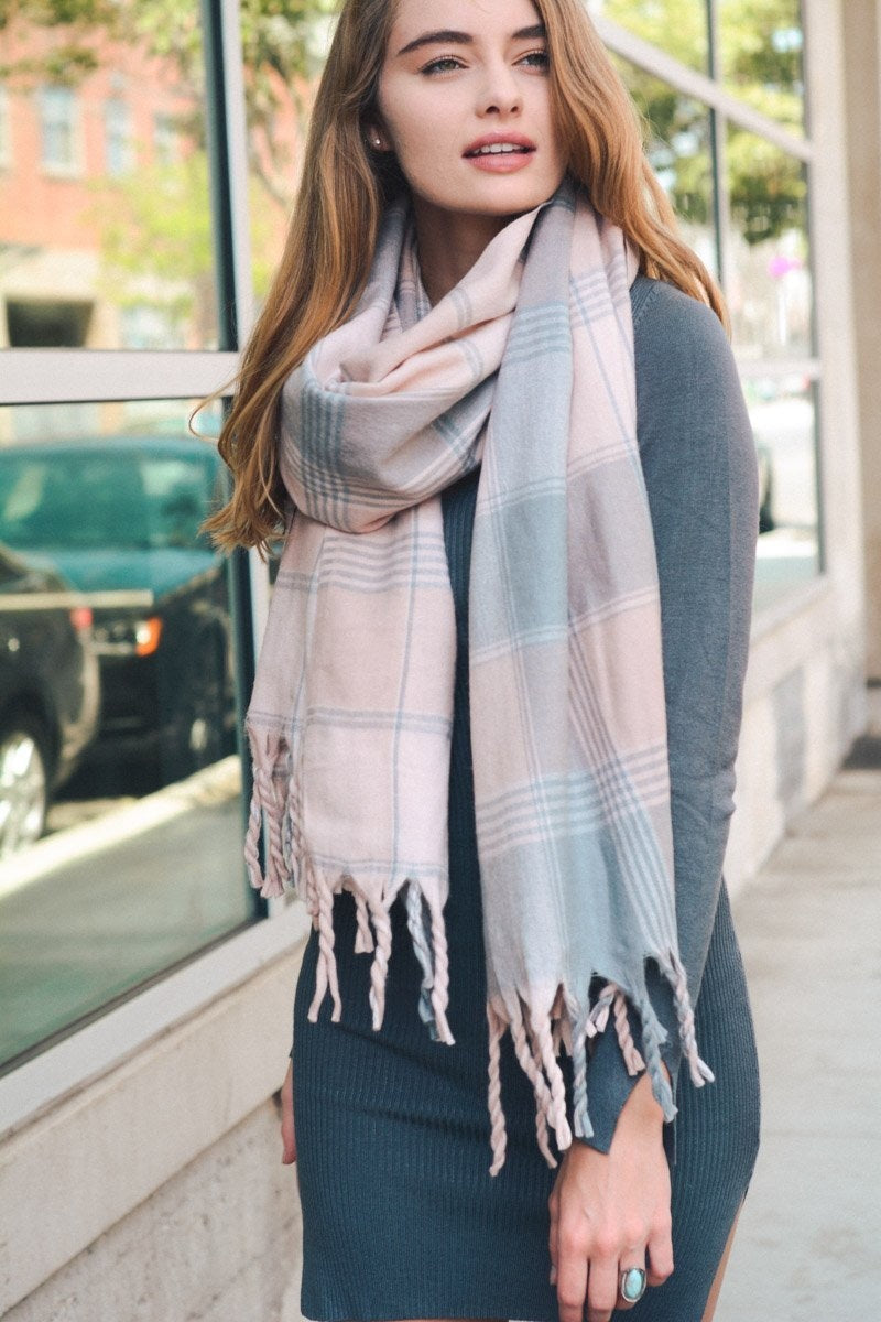 Oversized Flannel Tassel Scarf Scarves Leto Collection Pink  