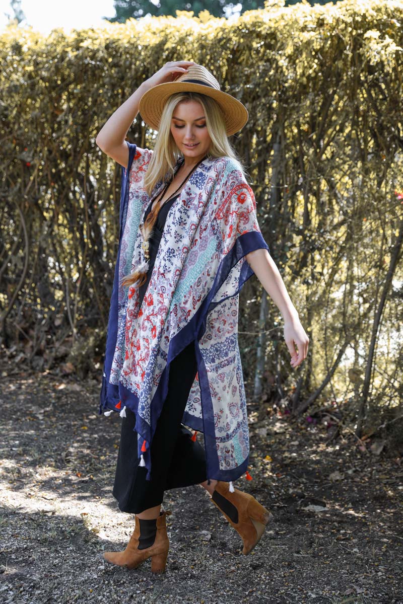 Paisley Floral Patchwork Kimono Kimono Leto Collection Navy  