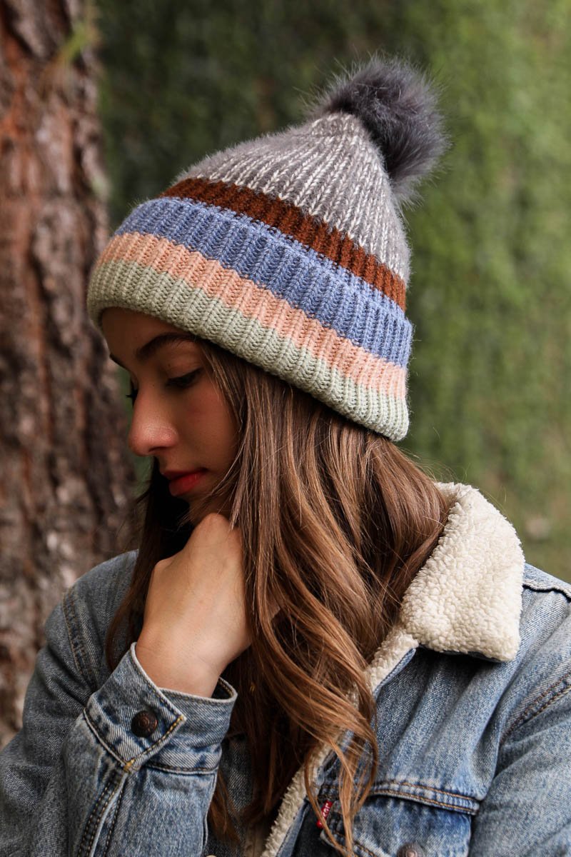 Pastel Stripe Knit Pom Beanie - NeoKira Unlimited