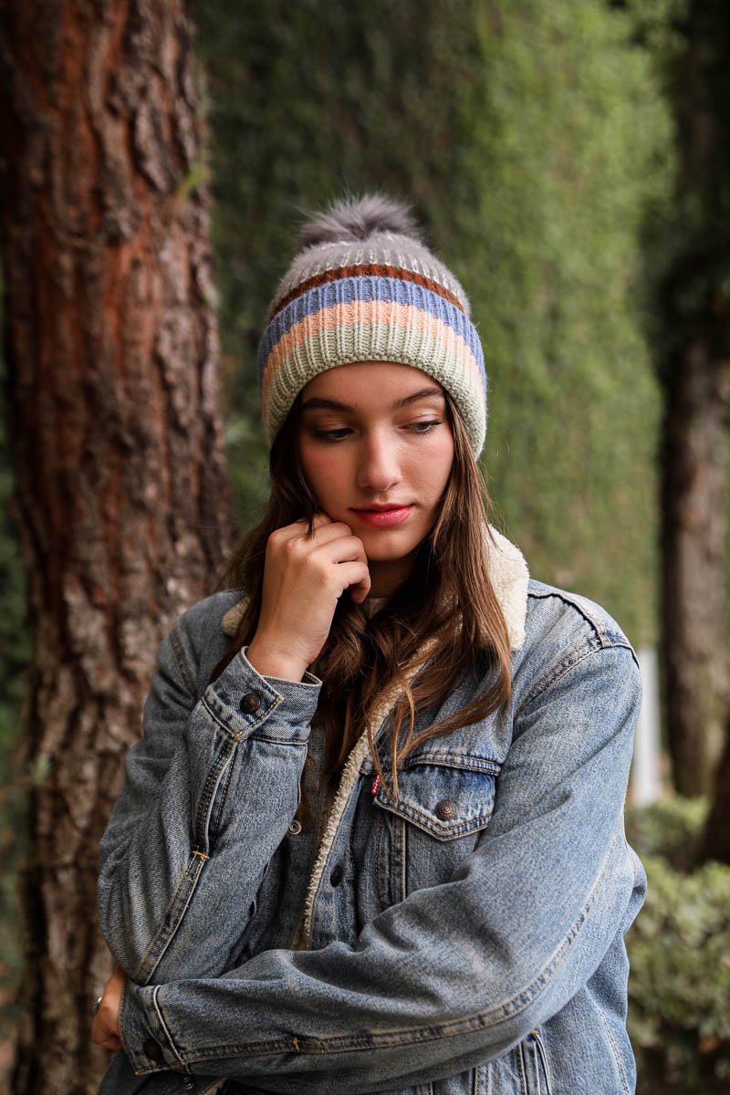 Pastel Stripe Knit Pom Beanie Beanies Leto Collection   