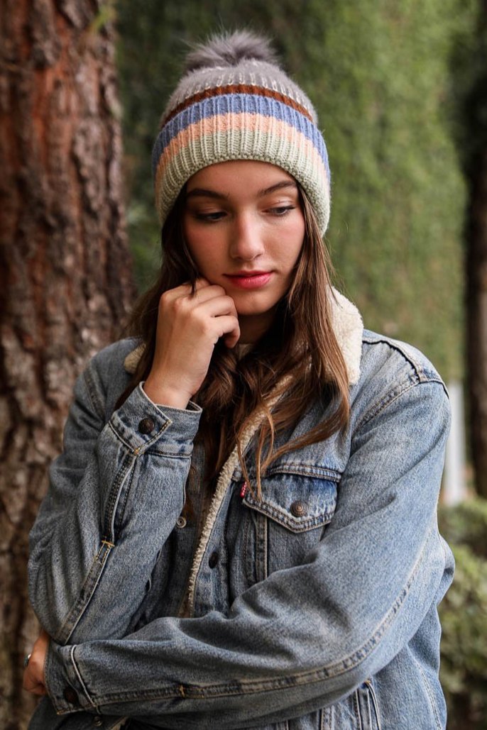 Pastel Stripe Knit Pom Beanie - NeoKira Unlimited