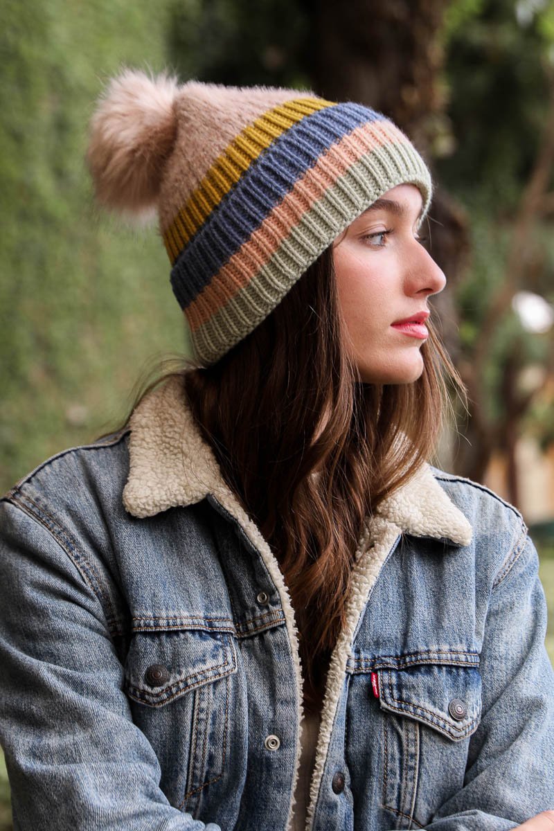 Pastel Stripe Knit Pom Beanie - NeoKira Unlimited