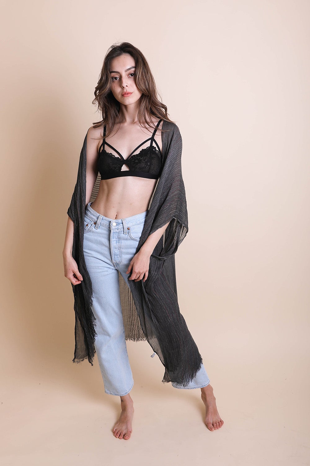 Pencil Stripe Lurex Trim Kimono - NeoKira Unlimited