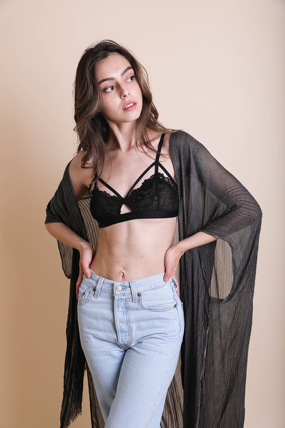 Pencil Stripe Lurex Trim Kimono - NeoKira Unlimited