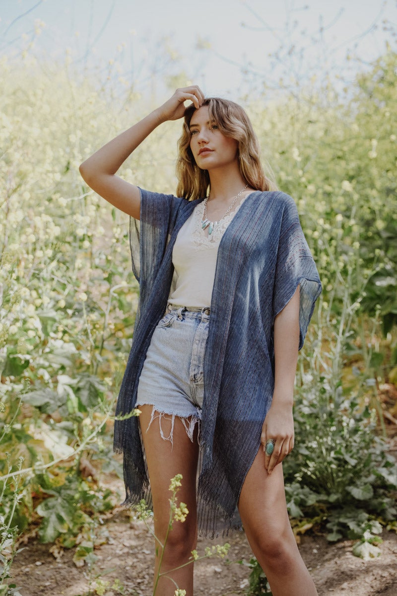 Pencil Stripe Lurex Trim Kimono - NeoKira Unlimited