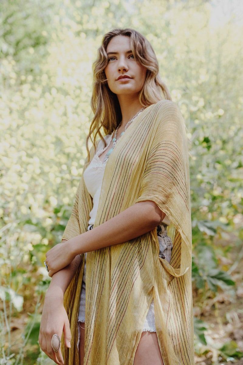 Pencil Stripe Lurex Trim Kimono - NeoKira Unlimited