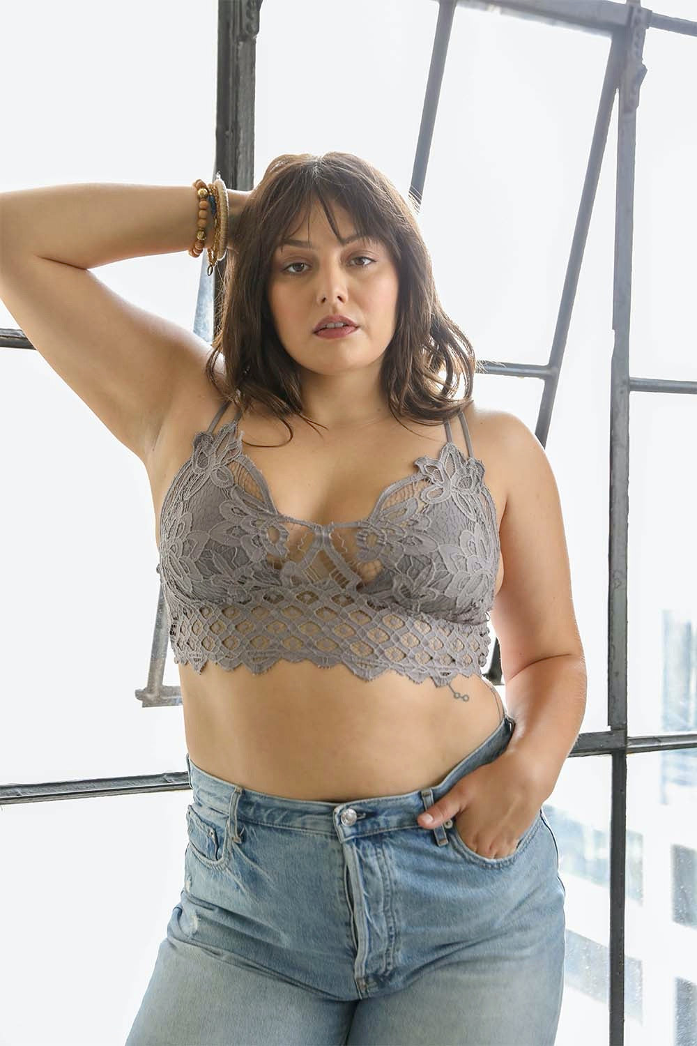 Plus Crochet Lace Longline Bralette Bralette Leto Collection Gray  