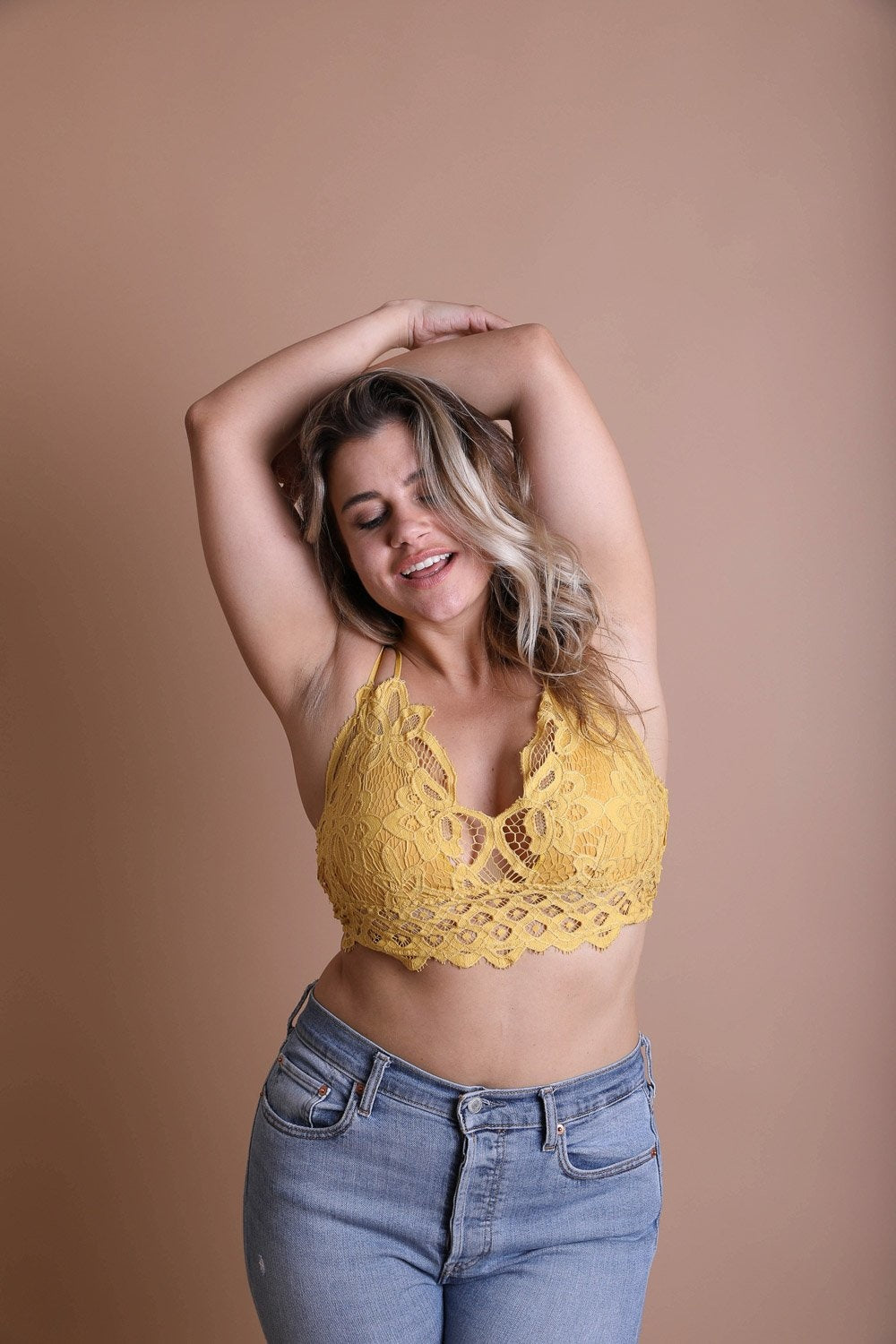 Plus Crochet Lace Longline Bralette Bralette Leto Collection Mustard  