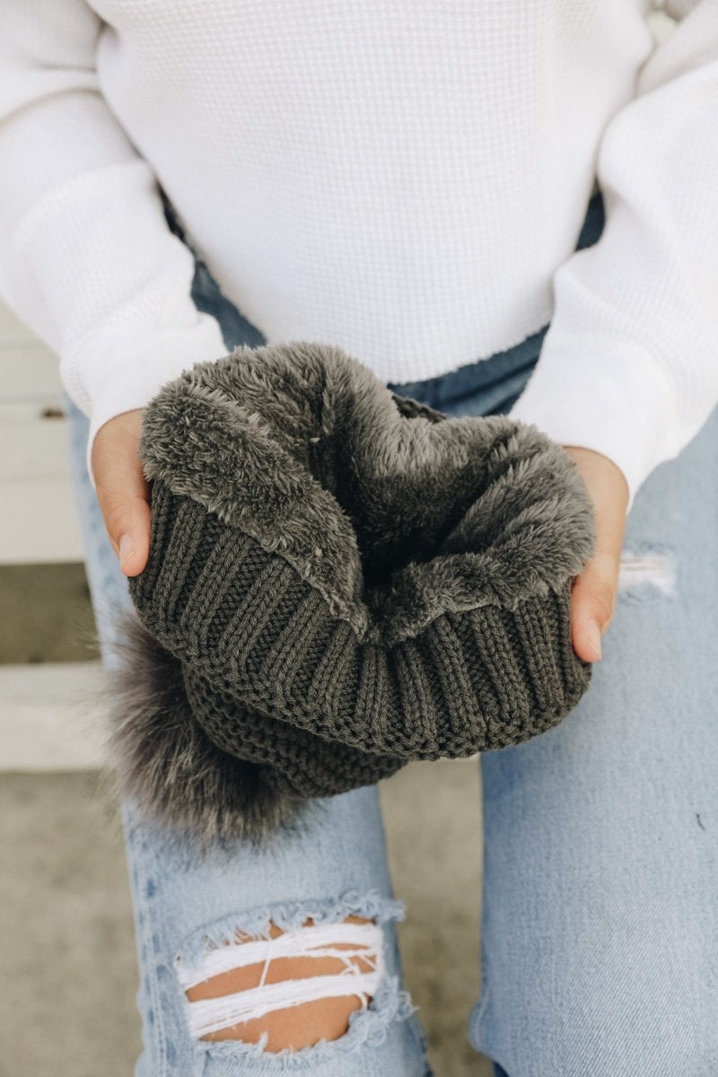 Pom Beanie with Faux Sherpa Lining Beanies Leto Collection   