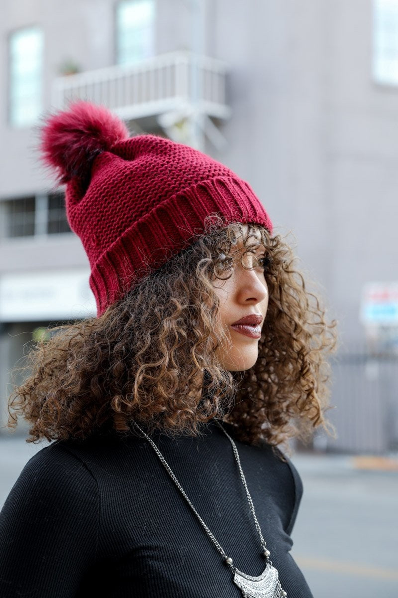 Pom Beanie with Faux Sherpa Lining Beanies Leto Collection   