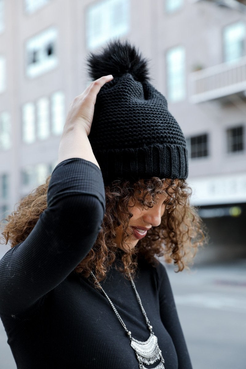 Pom Beanie with Faux Sherpa Lining - NeoKira Unlimited
