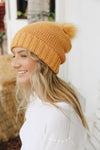 Pom Beanie with Faux Sherpa Lining Beanies Leto Collection Mustard  