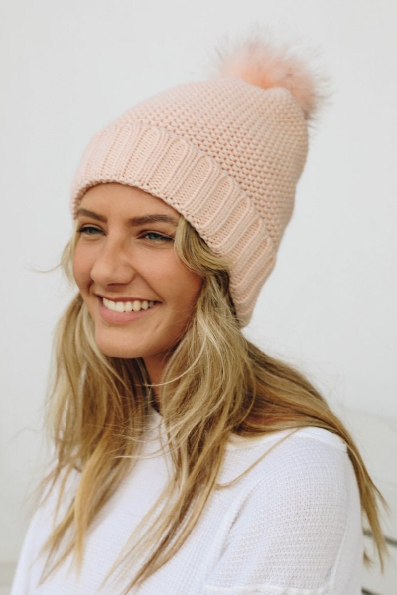 Pom Beanie with Faux Sherpa Lining Beanies Leto Collection Pink  