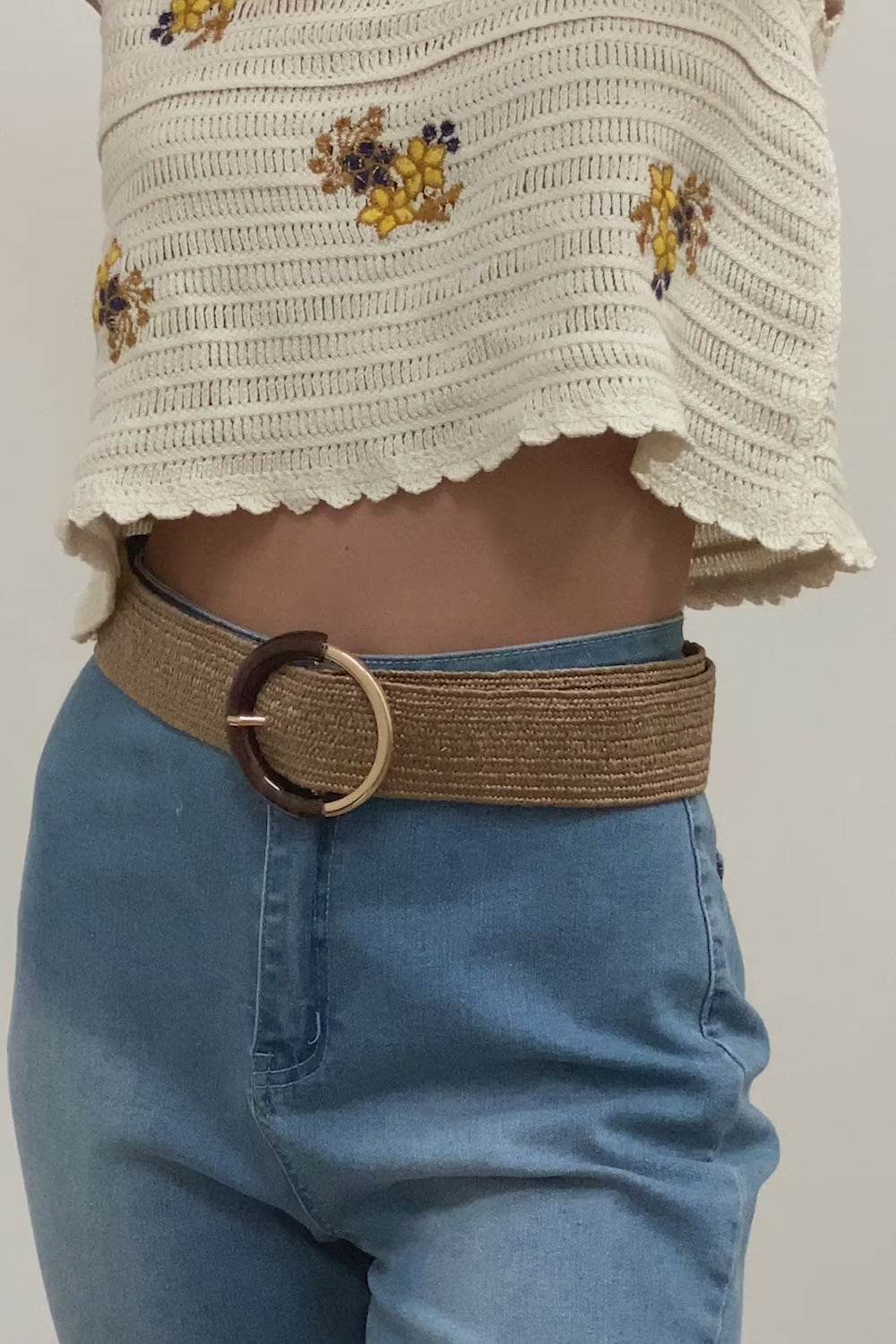 Whipstitch Raffia Belt with Wooden Round Buckle - NeoKira Unlimited