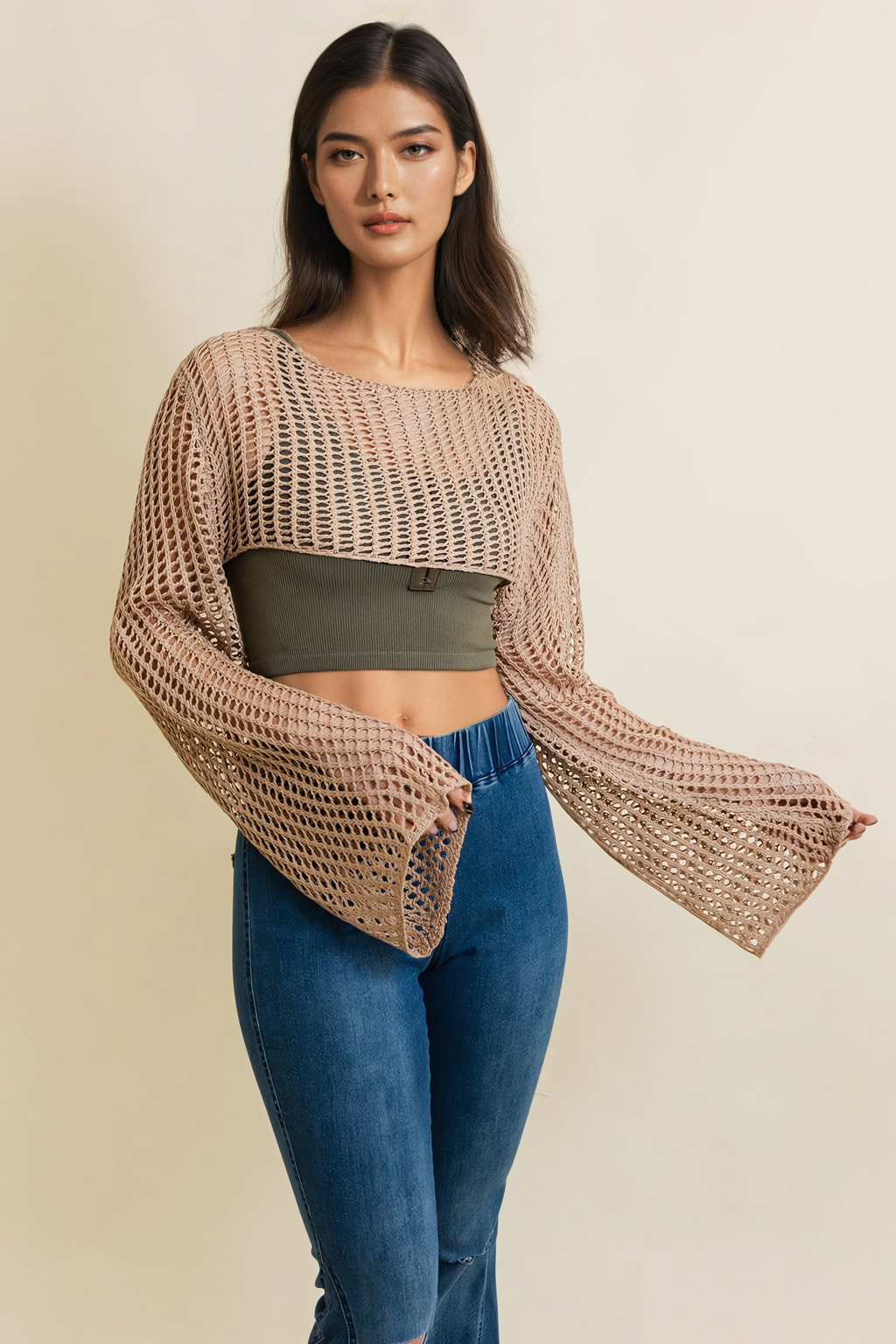 Loom Knitted Cropped Sweater Top Leto Collection XS/S Mocha 