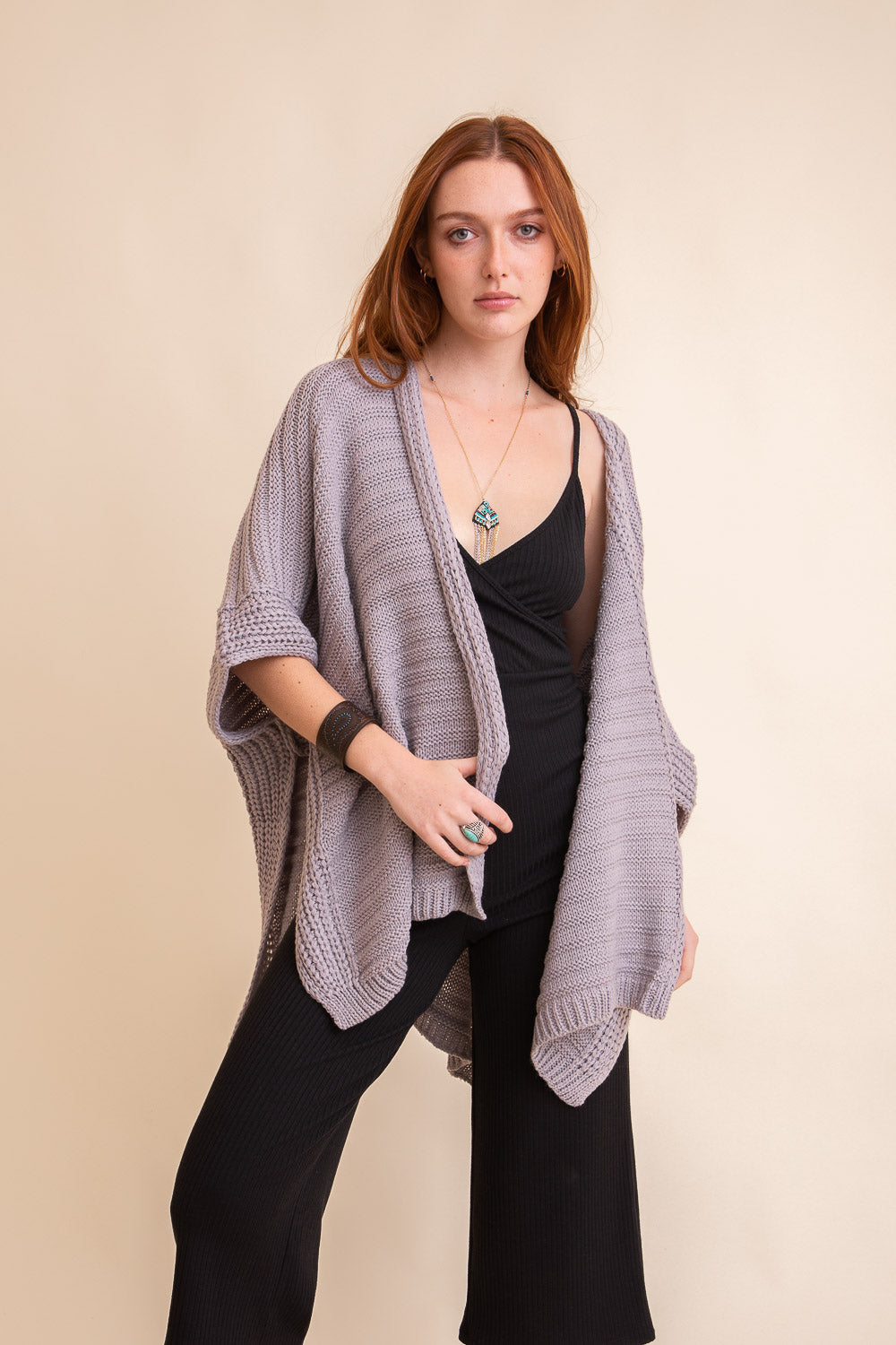 Ridged Rib Knit Ruana Ponchos Leto Collection One Size Gray 