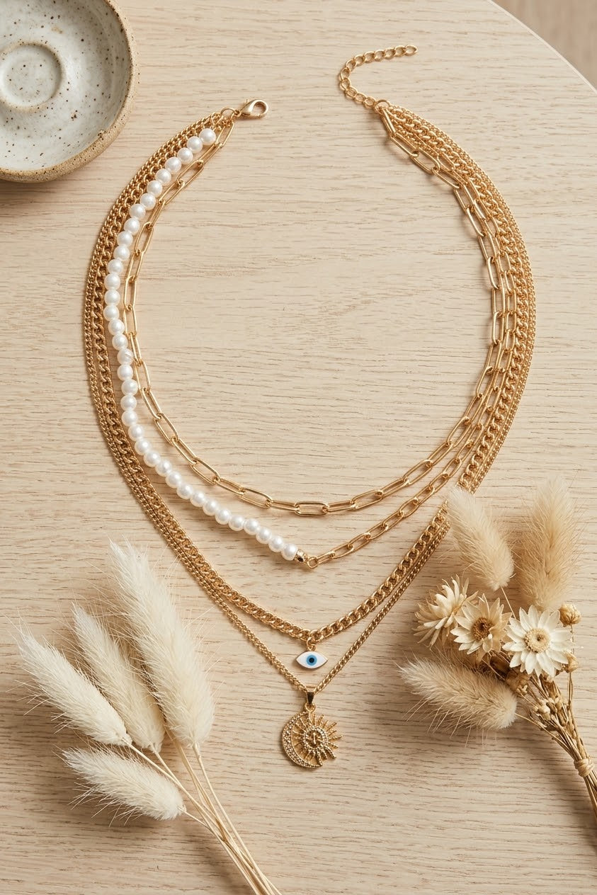 Sun Moon Evil Eye Pendant 4-Layer Gold Pearl Choker for Women - NeoKira Unlimited