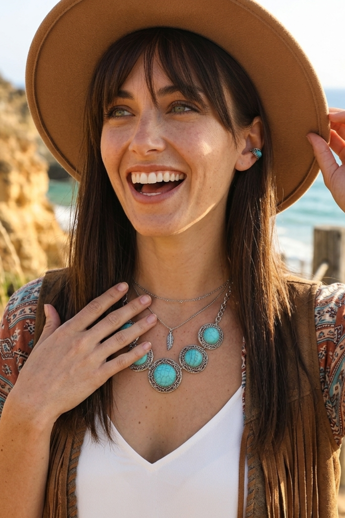 La Floraison Silver Plated Turquoise Boho Coastal Necklace - NeoKira Unlimited