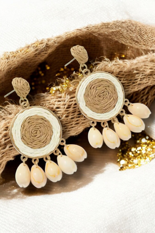 Boho Raffia Disk Earrings – Puka Shell Drop Coastal Statement Style - NeoKira Unlimited