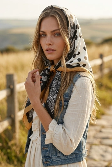 Women Stylish Satin Scarf with Paisley Dot Patchwork Motif - NeoKira Unlimited