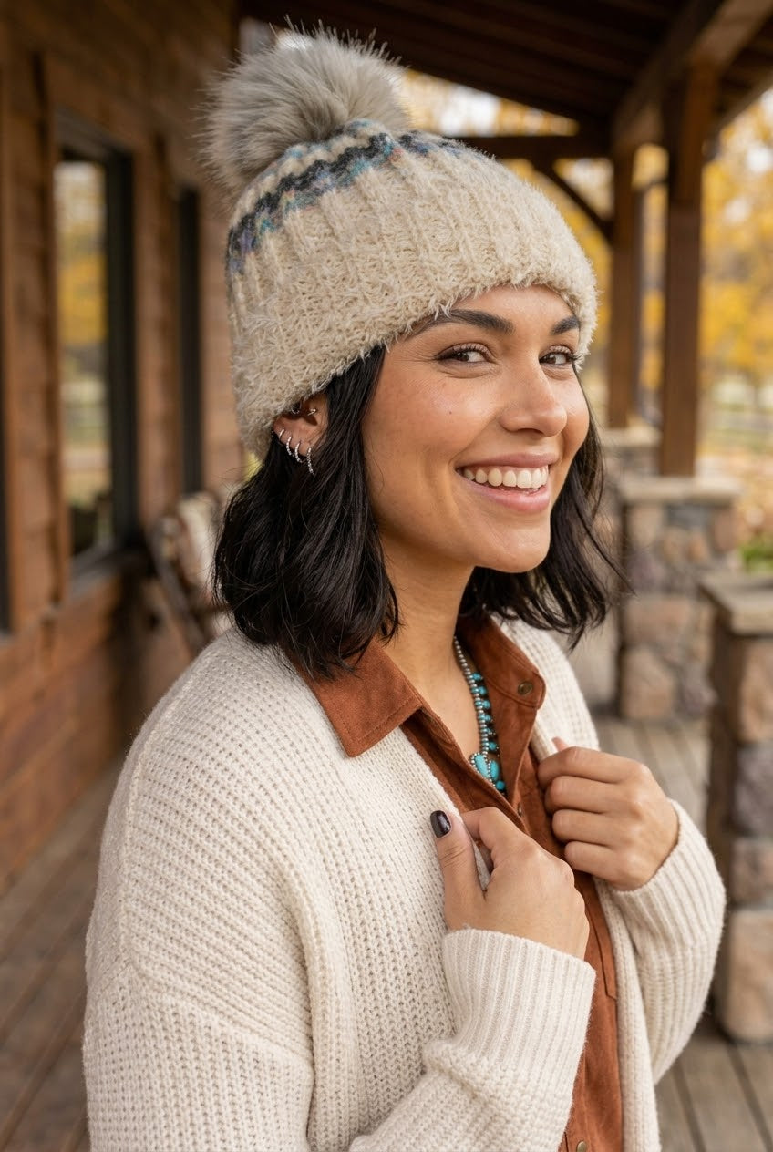 Women Color Mix Knit Beanie With Faux Fur Pom Pom Winter Hat - NeoKira Unlimited
