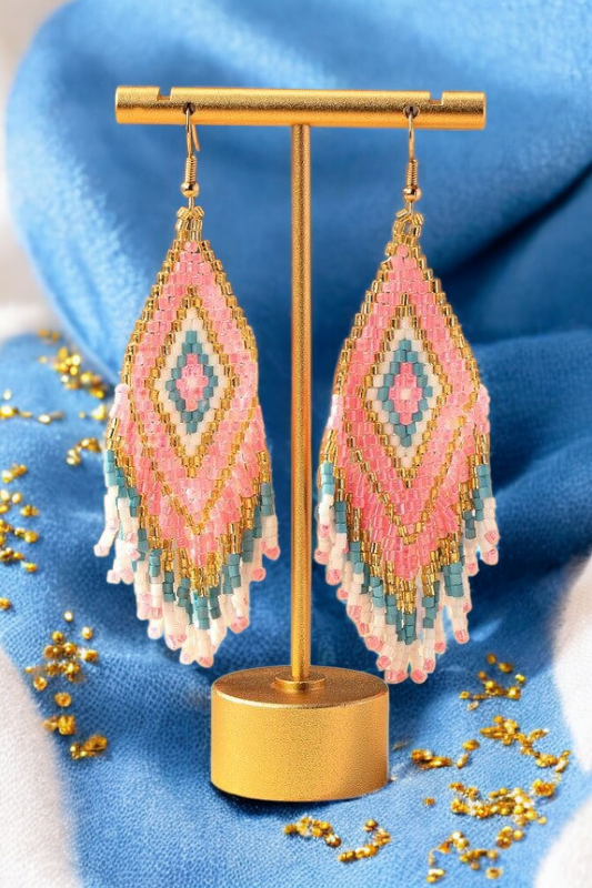 Boho Beaded Fringe Earrings – Colorful Diamond Pattern Drop Style - NeoKira Unlimited