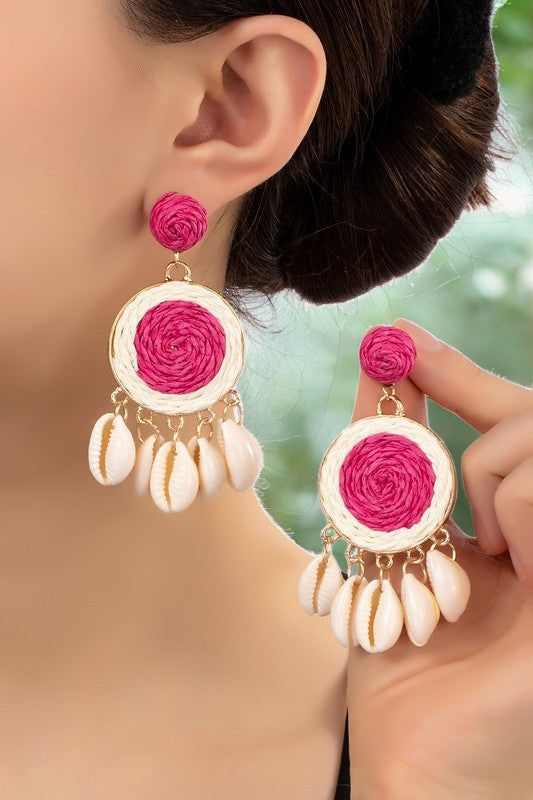 Boho Raffia Disk Earrings – Puka Shell Drop Coastal Statement Style - NeoKira Unlimited