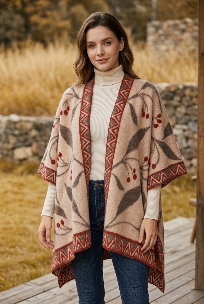 Women Vintage Jacquard Knit Poncho Shawl Cape - NeoKira Unlimited