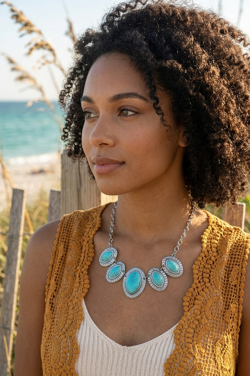 Leaflet Turquoise Silver Plated Coastal Necklace - NeoKira Unlimited