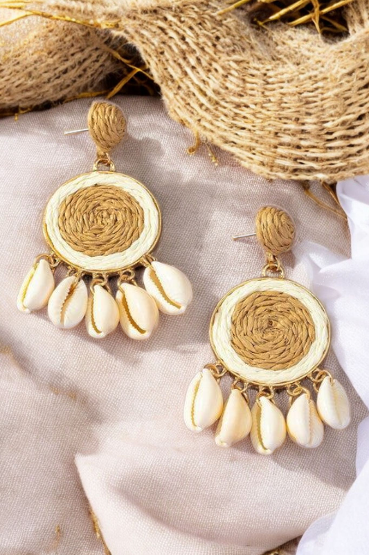 Boho Raffia Disk Earrings – Puka Shell Drop Coastal Statement Style - NeoKira Unlimited