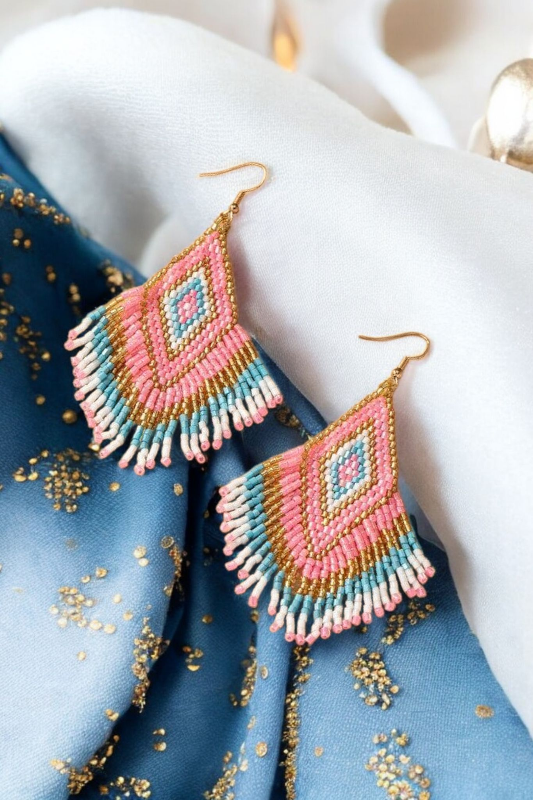 Boho Beaded Fringe Earrings – Colorful Diamond Pattern Drop Style - NeoKira Unlimited