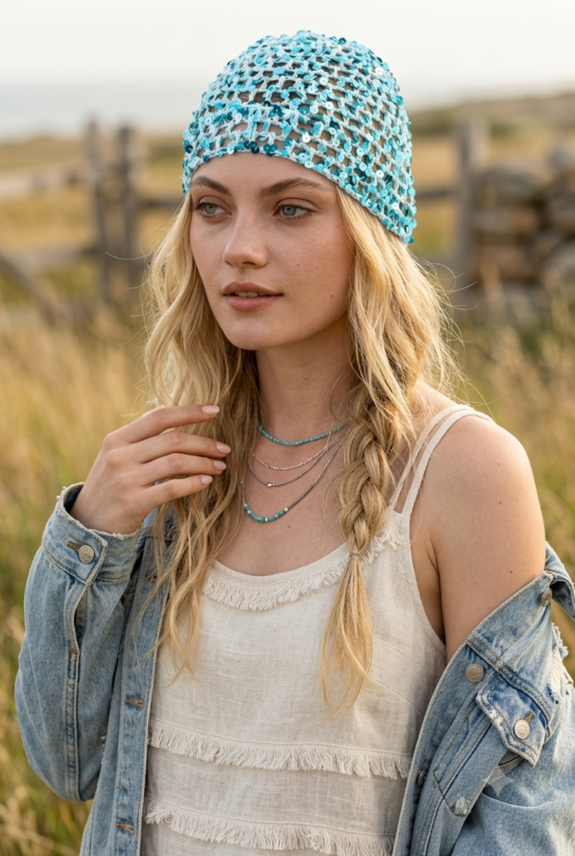 Boho Sparkle Sequin Crochet Mesh Beanie – Party Ready - NeoKira Unlimited
