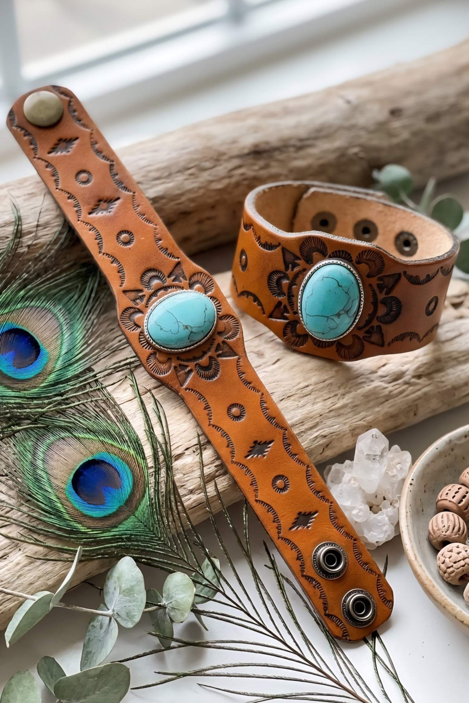 Boho Turquoise Stone Camel Leather Cuff Bracelet - NeoKira Unlimited