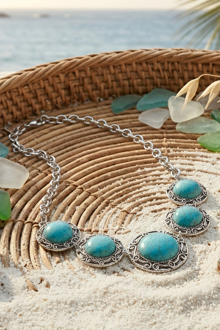 La Floraison Silver Plated Turquoise Boho Coastal Necklace - NeoKira Unlimited