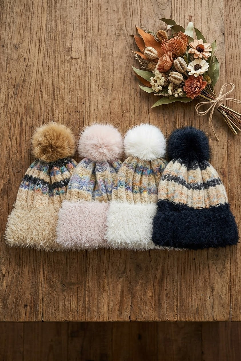 Women Color Mix Knit Beanie With Faux Fur Pom Pom Winter Hat - NeoKira Unlimited